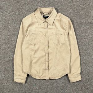 Tan Microsuede Western Collared Shirt Jacket Women’s L Snap Button Retro Shacket